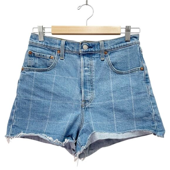 Levi’s Premium Ribcage Shorts Sz 29 Jive Windowpane High Rise Raw Hem Denim Blue - Picture 2 of 12